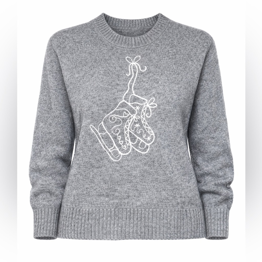 Sincerely Jules Gray Ice Skate Sweater Womens Size S Winter Embroidered Knit